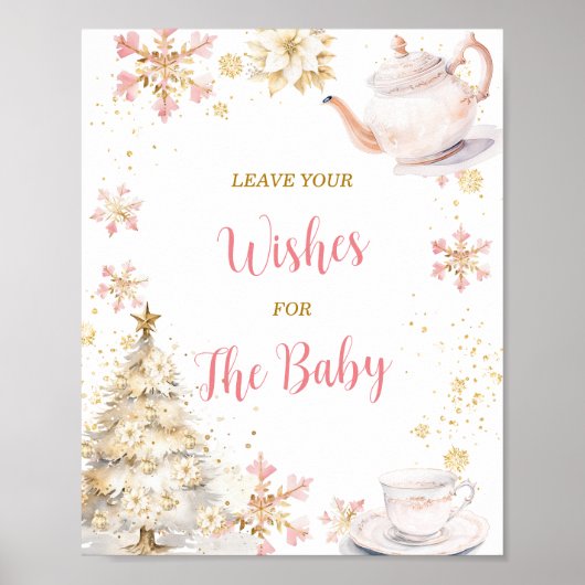 Poster Pink Winter Tea Party Baby Shower Leave Your Wish (Devant)
