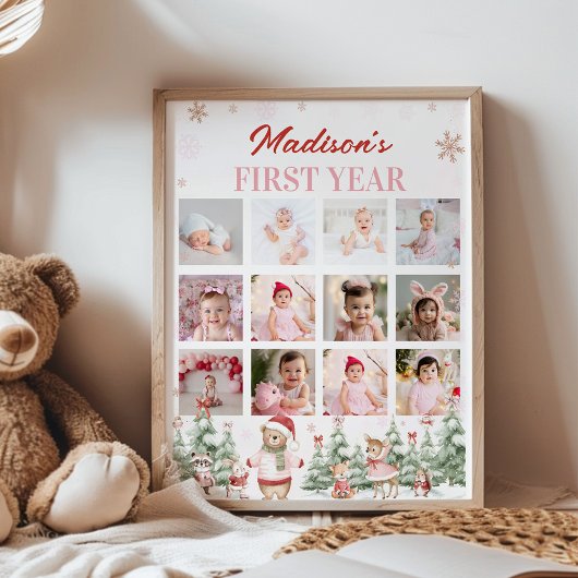 Poster Pink Winter Woodland First Year Photo Milestone