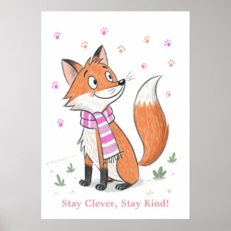 Poster Pink Woodland Cheeky Fox Jouer Doodful Animal