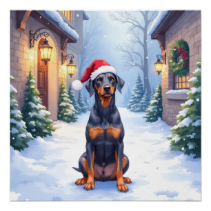 Poster Pinscher allemand Courtyard enneigé Chapeau de Pèr