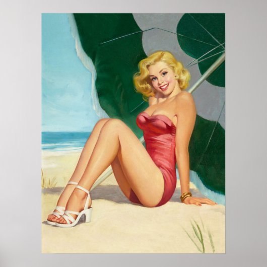 Poster Pinup blond girl sur la plage (Devant)