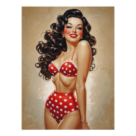Poster Pinup Brune in Bikini Rood in Pois Perfect Poster