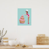 Poster Pinup Chef Girl Icing a gâteau - bleu (Cuisine)