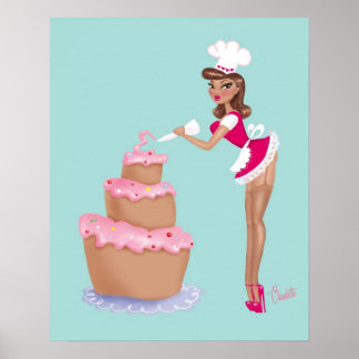 Poster Pinup Chef Girl Icing a gâteau - bleu