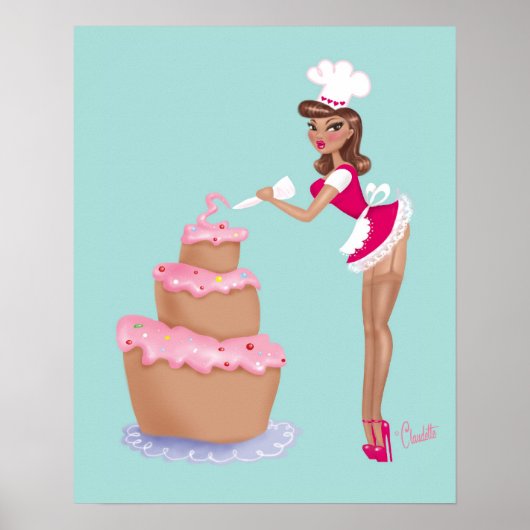 Poster Pinup Chef Girl Icing a gâteau - bleu (Devant)