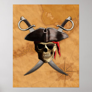 Poster Pirate Crâne épées et carte