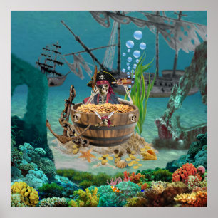 POSTER PIRATE SKELETON DANS UN BARREAU