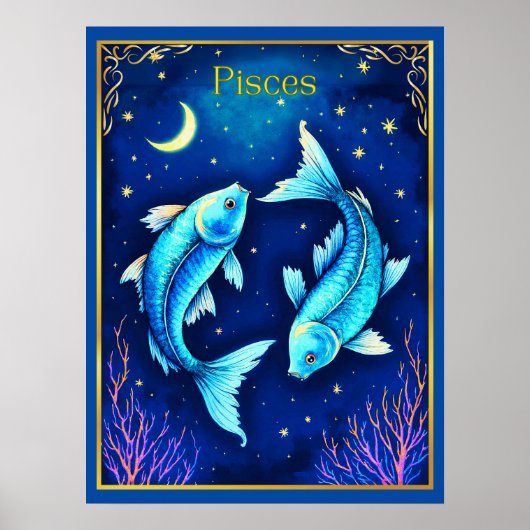 Poster Pisces Zodiac Fish Swimming in Cosmic Waters (Devant)