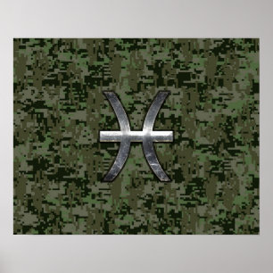 Poster Pisces Zodiac Sign on Woodland Camouflage numériqu