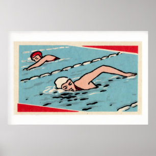 Poster Piscine de nageurs Bleu Rouge Blanc Boîte d'allume
