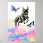 Poster Pit Bull Chien Imaginaire Aquarelle Pop Art<br><div class="desc">C'est l'illustration d'une aquarelle fantaisiste d'un taureau à pit noir sautant des nuages de couleur arc-en-ciel. Il y a de jolis papillons qui volent autour du chien. Design d'art pop pour amoureux de les chiens.</div>