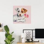 Poster Pit Bull Puppy Holding Lotus Flower Painting (Bureau à domicile)