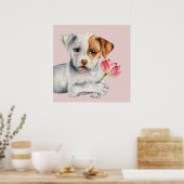 Poster Pit Bull Puppy Holding Lotus Flower Painting (Cuisine)