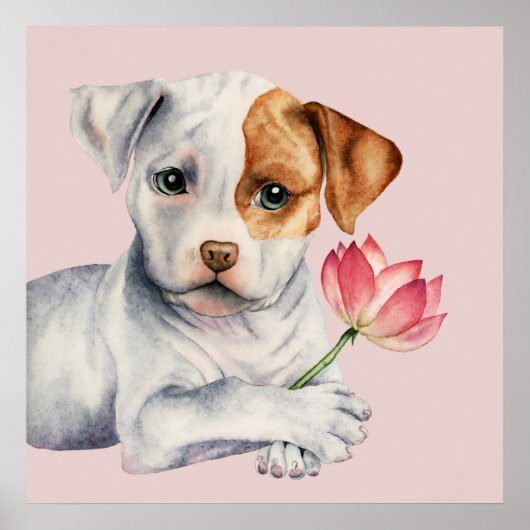 Poster Pit Bull Puppy Holding Lotus Flower Painting (Devant)