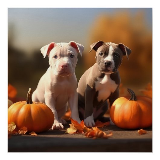 Poster Pitbull Chiot Automne Citrouille de plaisir (Devant)