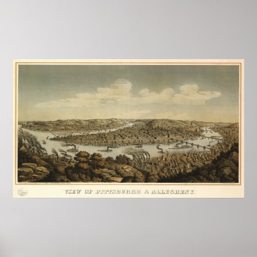 Poster Pittsburgh Pennsylvanie 1874 Carte panoramique ant (Devant)
