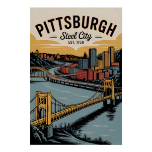 Poster Pittsburgh Pennsylvanie Steel City Rétro Vintage