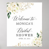 Poster Pivoine blanche Feuilles florales dorées Panneau d (Devant)