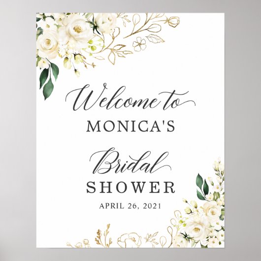 Poster Pivoine blanche Feuilles florales dorées Panneau d (Devant)