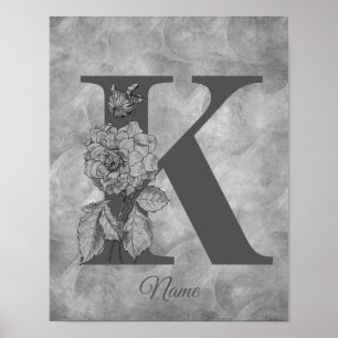 Poster Pivoine Élégant Monogramme Initiale K Personnalisé