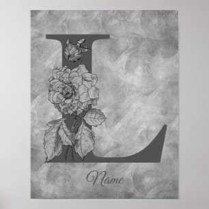Poster Pivoine Élégant Monogramme Initiale L Personnalisé