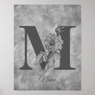 Poster Pivoine Élégant Monogramme Initiale M Personnalisé