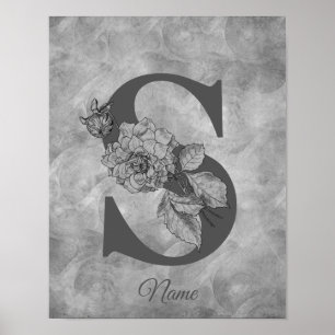 Poster Pivoine Élégant Monogramme Initiale S Personnalisé