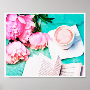 Poster Pivoine Florale Rose Pêche Latte Aquarelle