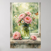 Poster Pivoines dans un vieux pot en verre (Devant)