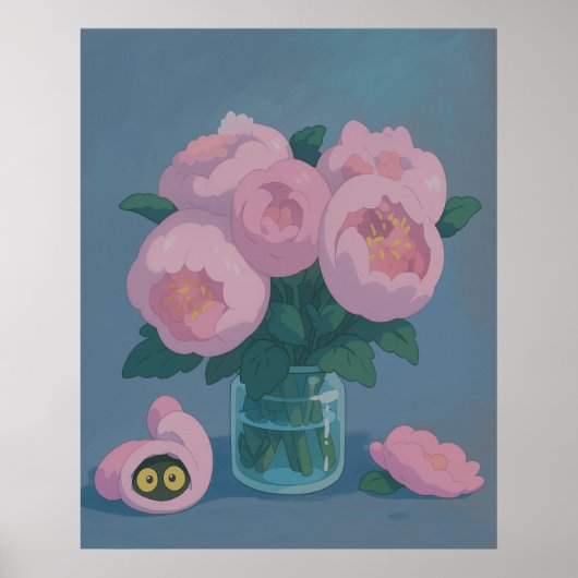 Poster Pivoines roses avec des yeux de chat cachés (Devant)