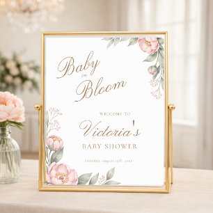 Poster Pivoines Roses en Fleur Fille Baby Shower Bienvenu