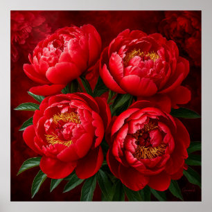 Poster Pivoines rouges sur un fond cramoisi riche
