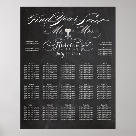 Poster PixDezines Chalkboard Trouvez votre siège/siège (Devant)