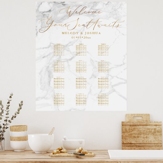 Poster PixDezines Marble+Faux Gold Script, Seating Chart (Cuisine)