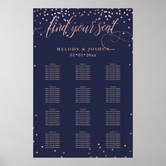 Poster PixDezines Marine+Rose Gold Script, Seating Chart (Devant)