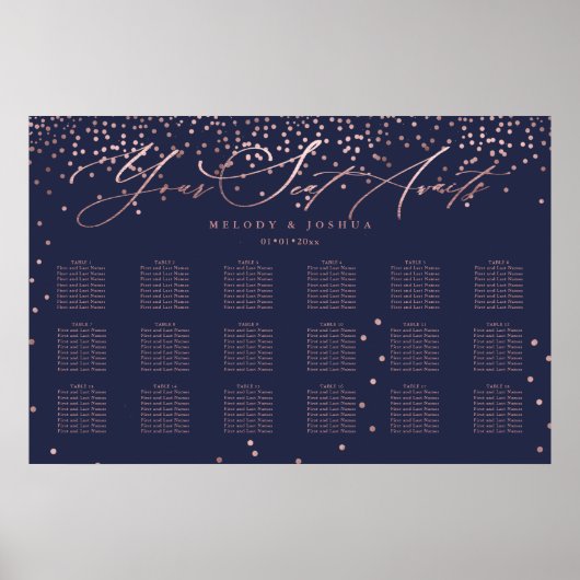 Poster PixDezines Marine+Rose Gold Script, Seating Chart (Devant)