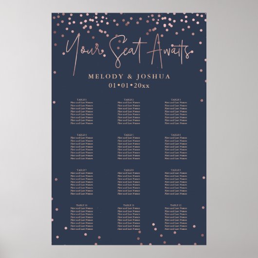 Poster PixDezines Marine+Rose Gold Script, Seating Chart (Devant)