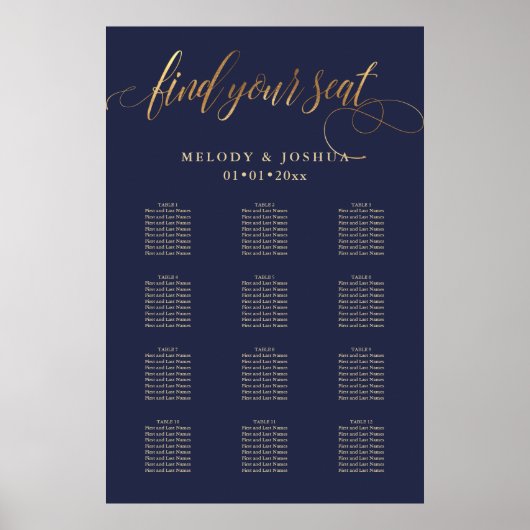 Poster PixDezines Navy+Gold Calligraphie, Plan de table (Devant)