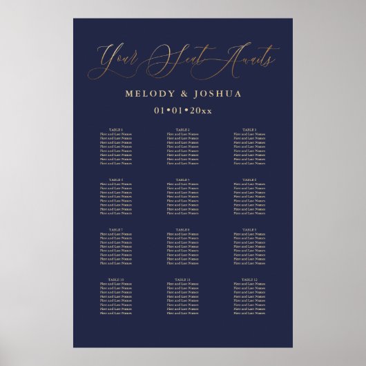 Poster PixDezines Navy+Gold Calligraphy, Seating Chart (Devant)