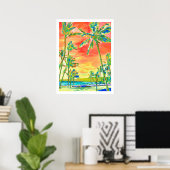 Poster PixDezines Sunset Hawaiian Beach/Coral/Blue (Bureau à domicile)