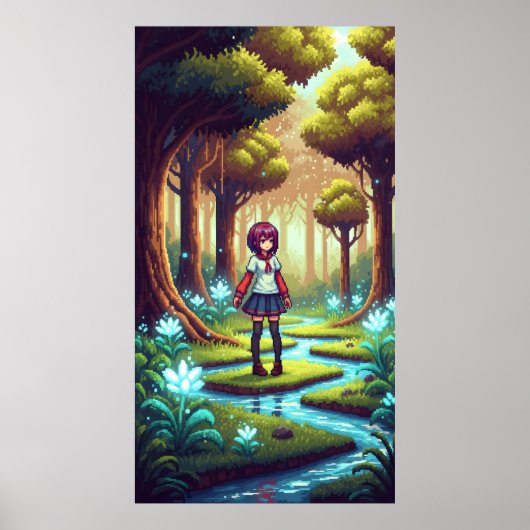 Poster Pixel anime fille dans une forêt dense (Devant)