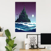 Poster Pixel art, Château sur pierre dans l'océan | Art A (Bureau à domicile)