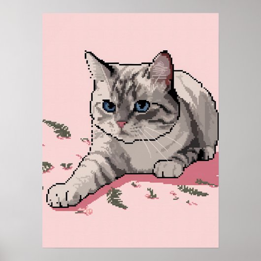 Poster Pixel Art de Chat Gris Ragdoll aux Yeux Bleus (Devant)