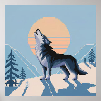 Poster Pixel Art Howling Wolf au coucher du soleil