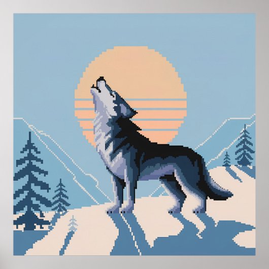 Poster Pixel Art Howling Wolf au coucher du soleil (Devant)