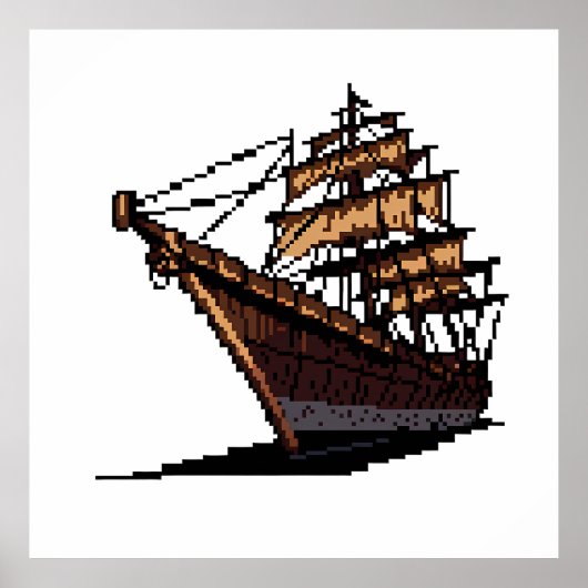 Poster Pixel Art Pirate Ship on Grey Background (Devant)