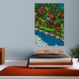 Poster Pixel art, Viking ville forêt rivière | Art AI