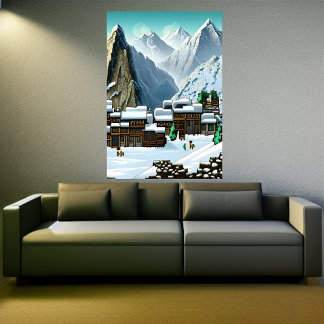Poster Pixel art, Village de montagne dans la neige | Art