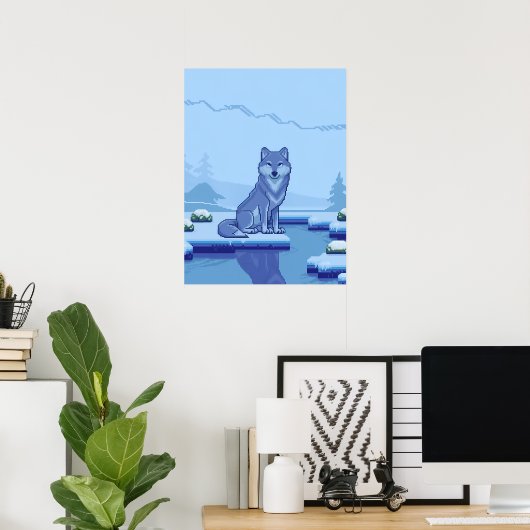 Poster Pixel Art Wolf dans un paysage enneigé (Bureau à domicile)