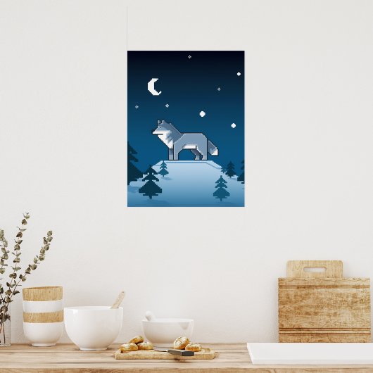 Poster Pixel Art Wolf solitaire sous la lune (Cuisine)
